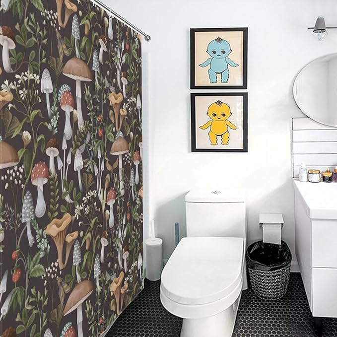 Mushroom Shower Curtain, RFarmhouse Country Wild Floral Botanical Mushroom Cottagecore Nature Plants Leaves Herbs Black Waterproof Fabric Bathroom Shower Curtain Set with Hooks, 72"x84" Inch