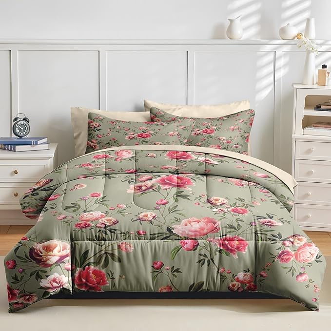 Nesker 7 Pcs Comforter Set King Size, Vintage Floral Beige Bedding Set for Kids and Adults, Rose Flower Pink Bed Sheet Sets with Fitted Sheet 2 Pillowcases & 2 Shams
