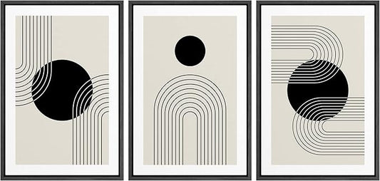 wall26 Framed Wall Art Print Set Boho Black Dots with Swirling Line Art Abstract Patterns Digital Art Modern Art Bohemian Chic Relax/Calm for Living Room, Bedroom, Office - 16"x24"x3 Black