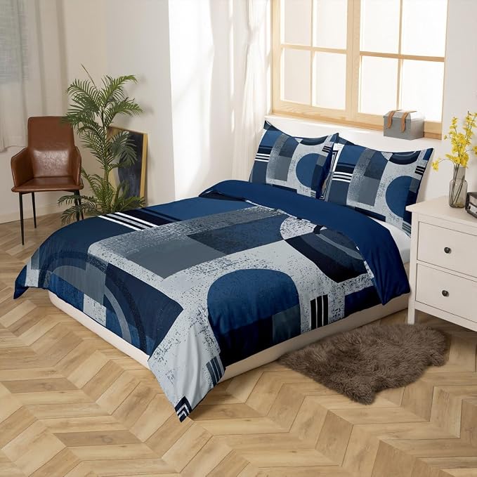 Abstract Striped Circle Duvet Cover Set Toddler Size,Aesthetic Retro Artwork Bedding Set,Boys Girls Room Decor,Geometric Graffiti Squares Comforter Cover,Navy Blue Quilt Cover,1 Pillowcase(No Filler)