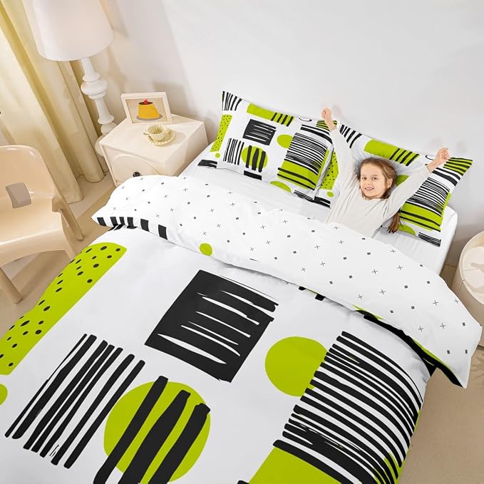 Geometric Stripe Circle Square Bed Set Modern Mid Century Duvet Cover, Hippie Minimalist Bedding Set Full Fifties Retro Old Fashion Comforter Cover, Black Green White Bed Cover (Zipper Closure)