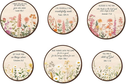 TOARTi 6pcs Christian Floral Round Wall Art Set(9.9”x3/7.9”x3),Vintage Wildflower Bible Verse Hanging Sign Flowers Wooden Wall Art Scripture Botanical Religious Wall Decor for Church Living Room