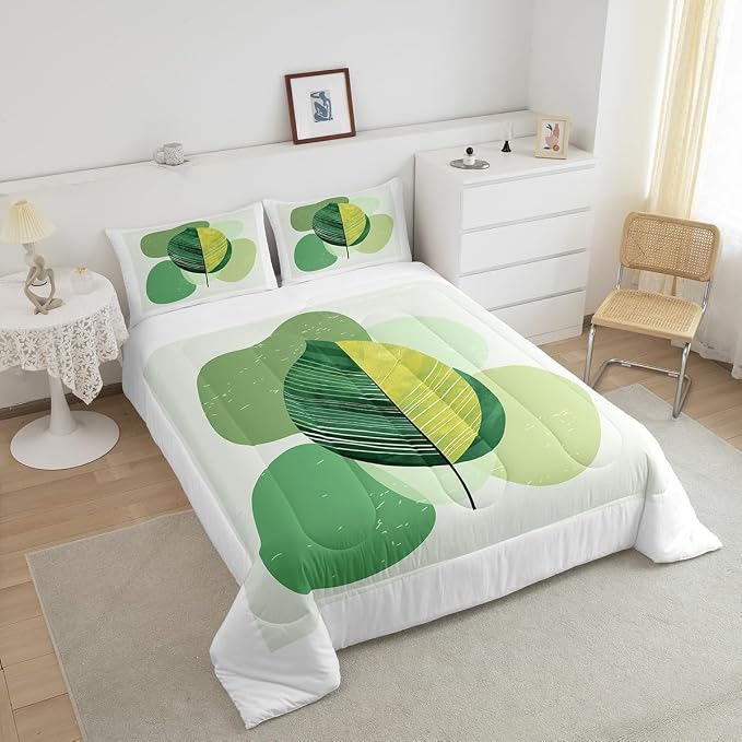 Erosebridal Green Modern Comforter King Mid Century Bedding Set, Hippie Minimalist Down Comforter Abstract Leaves Bed Set, Aesthetic Geometric Quilted Duvet White Bedroom Decoration