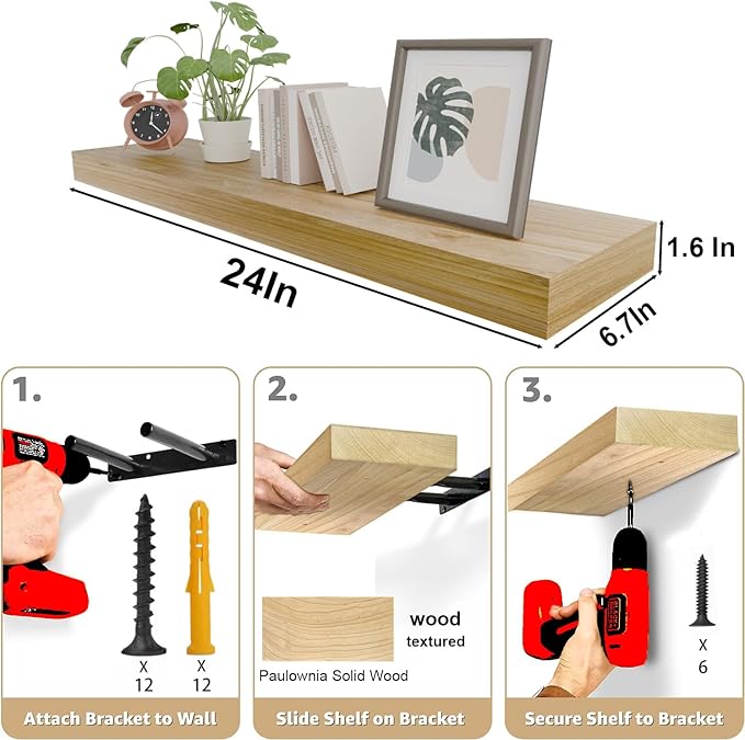 IAE Floating Wall Shelves 24 inch,Bathroom Shelf Wall Mounted,Invisible Shelf Floating Kitchen Shelves,Wooden Wall Shelving with Brackets for Living Room Wall Mounted,Easy Install,Set of 2,Natural
