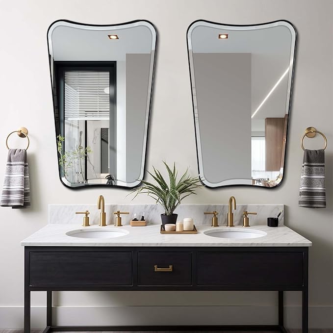 POZINO Matte Black Beveled Mirror, 24"x40" Bathroom Vanity Mirrors for Over Sink, Irregular Shaped Mirrors Decorative, Modern Rectangle Wall Mirror for Living Room Bedroom Fireplace Entryway