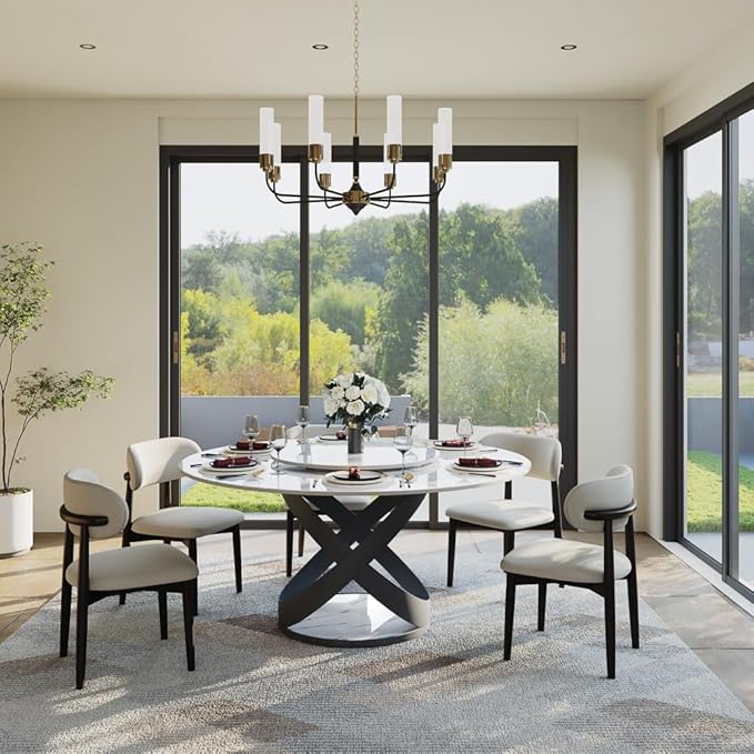 POVISON 59" Modern Dining Table, Glossy White Round Dining Table for 6 Built in Lazy Susan, Sintered Stone Dining Tabletop with Black X Carbon Steel Base (Table Only)