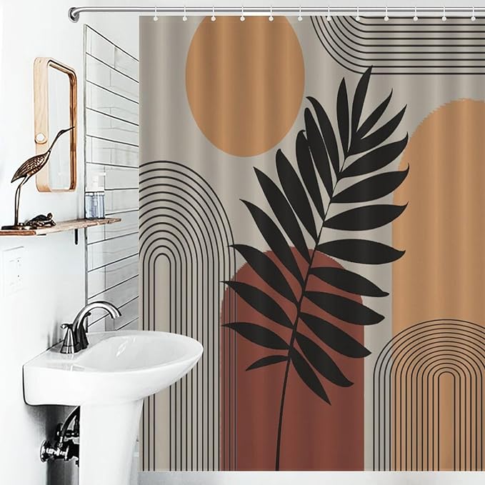 Boho Mid Century Shower Curtain, Sun Brown Leaves Rainbow Color Blocks Modern Artistic Waterproof Shower Curtains for Bathroom Decor 12 Pack Hooks 55x72in（140x183cm）