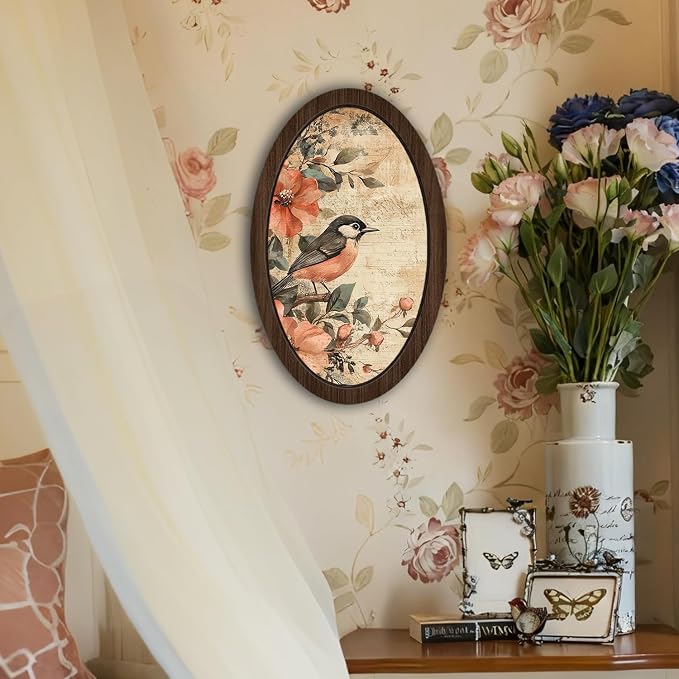 UYIKG Vintage Bird Floral Oval Wooden Framed Wall Art Decor,Rustic Farmhouse Cottage Core Decor,Vintage Wall Decor for Theme Room Home Bedroom Living Room Home Office 9x14.6 in