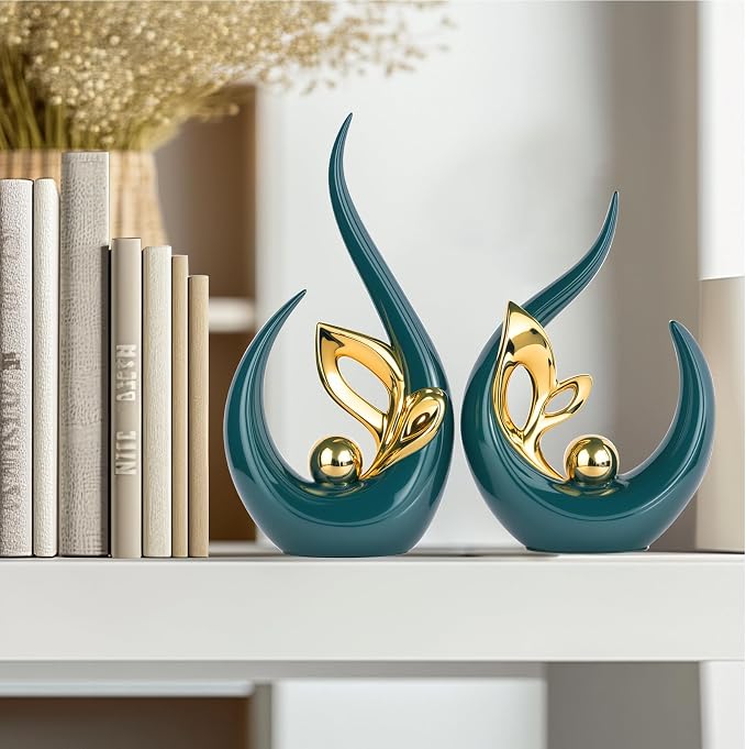 Teal Gold Home Decor Accent,Abstract Ceramic Statue and Sculptures for Living Room,Mid Century Modern Decor for Desktop Bookshelf tv Stand Fireplace Coffee Table Centerpieces Decorations