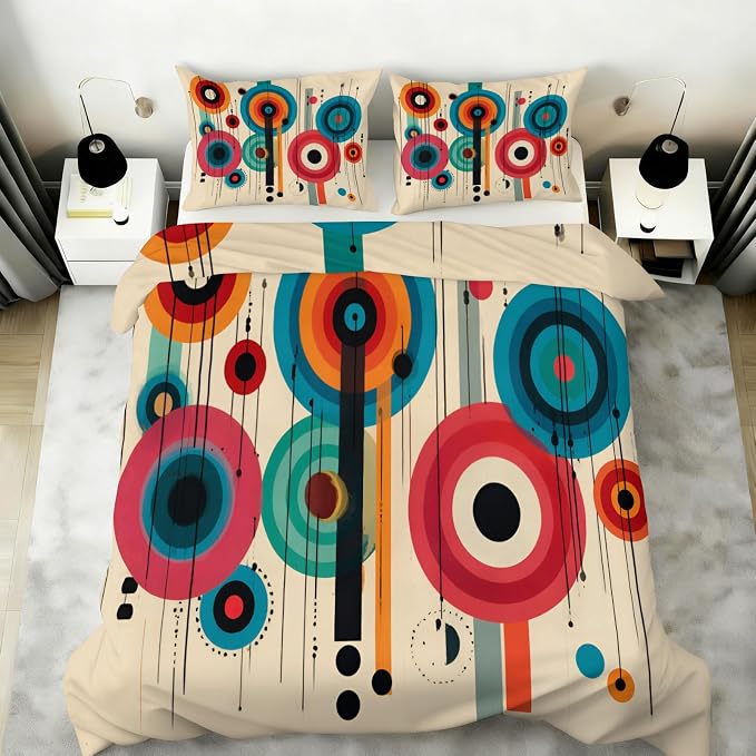 Bohemian Vintage Psychedelic Duvet Cover Oversized King, Mid Century Modern Bedding Set 3 Piece, Abstract Circle Geometric Patterned Comforter Cover with Zipper Soft Microfiber, 2 Pillowcases
