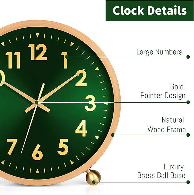 Maxspace Wooden Table Clock,8in Silent Non-Ticking Desk Clockwith Gold Ball Base, Battery Operated Desktop Analog Clock for Living Room Office Bedroom Decor (Green Gold - Log, Copper Ball Base)