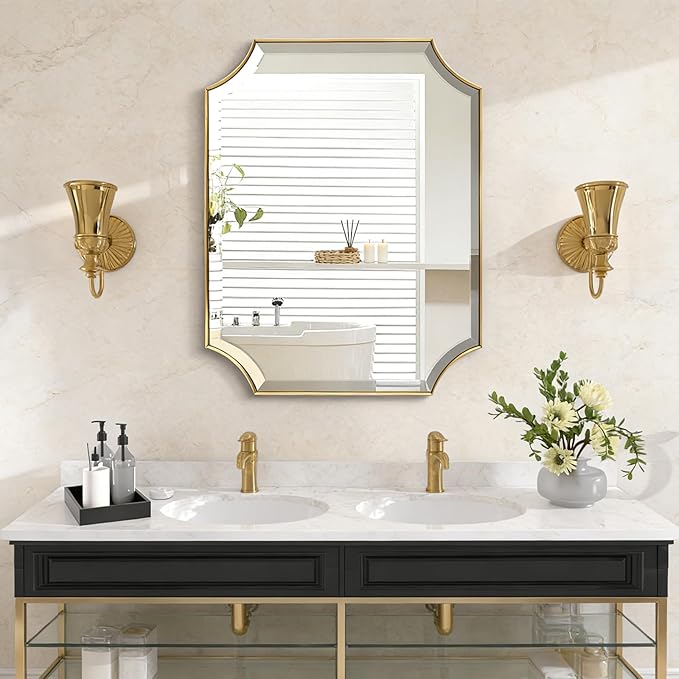 POZINO Brushed Gold Beveled Mirror, 22"x30" Brass Bathroom Vanity Mirror for Over Sink, Modern Rounded Rectangle Mirrors for Bedroom Living Room Fireplace Entryway, Hangs Horizontal Or Vertical