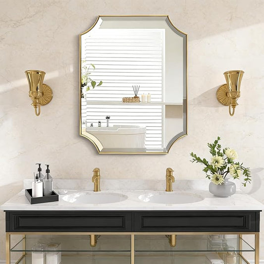 POZINO Brushed Gold Beveled Mirror, 22"x30" Brass Bathroom Vanity Mirror for Over Sink, Modern Rounded Rectangle Mirrors for Bedroom Living Room Fireplace Entryway, Hangs Horizontal Or Vertical