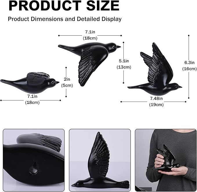 SHENGTIAN Black Resin Bird Wall Sculptures Set of 3, 3D Wall Art Decor for Living Room, Modern Black Wall Decor & Bird Gallery Wall Art