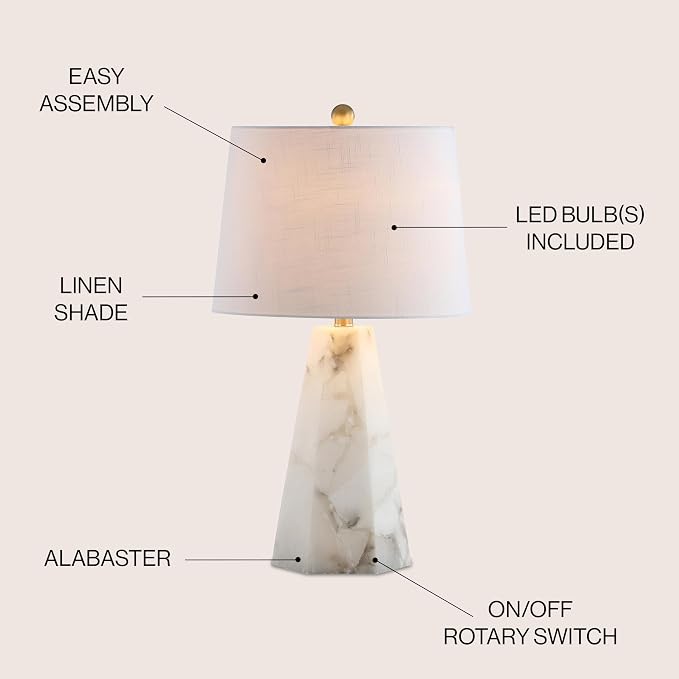 JONATHAN Y 25.5" Natural Alabaster/Brass Gold Modern Table Lamp for Bedroom, White Linen Shade, Contemporary Bedside Nightstand Lamp for Living Room, LED Bulb Included JYL6205A