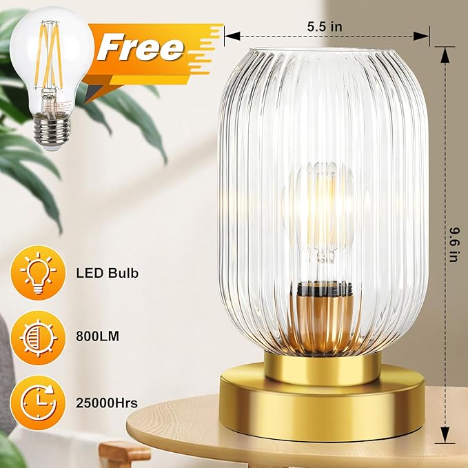 Mid Century Modern Table Lamp with Clear Ribbed Glass Shade, Touch Control & 3 Way Dimmable, Small Gold, Vintage Bedside Lamp for Bedroom, Living Room, Office (Bulb Included)