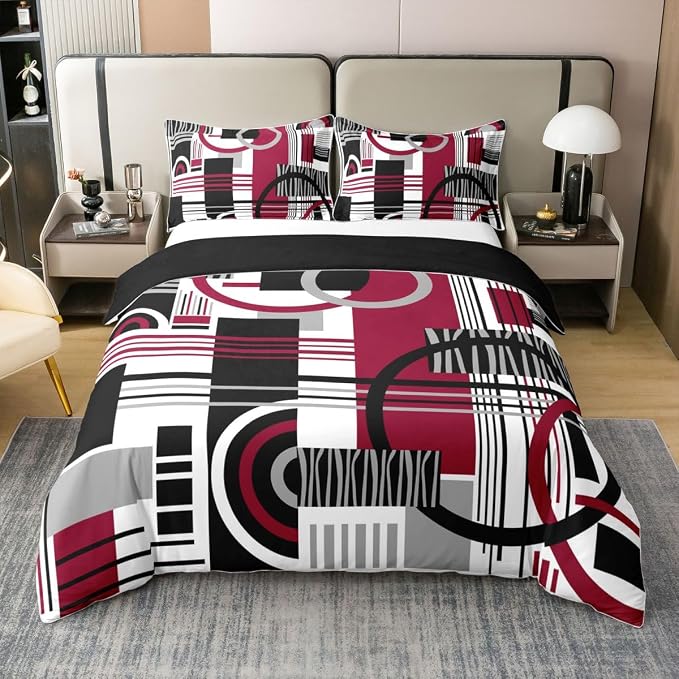 Erosebridal Art Deco Mid Century Duvet Cover Set Retro Modern Abstract Geometric 100% Cotton Comforter Cover Black and White Burgundy Circles Stripes Full Size Bedding Sets, Contemporary Bed Set