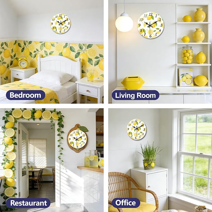 peacoblue Wall Clocks Battery Operated 12 Inch Lemon Glass Round Wall Clock Non Ticking for Kitchen Living Room Dining Room Bedroom and Bathroom Decor Accessories (Battery not Included)