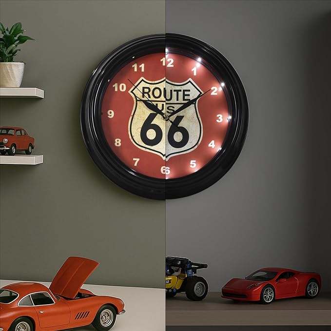 American Art Decor Route 66 LED Wall Clock - 12" Vintage Americana Modern Decor, Battery‑Operated Quartz, Retro Shield for Living Room, Garage, Mancave, Office (Red/Off‑White/Black)