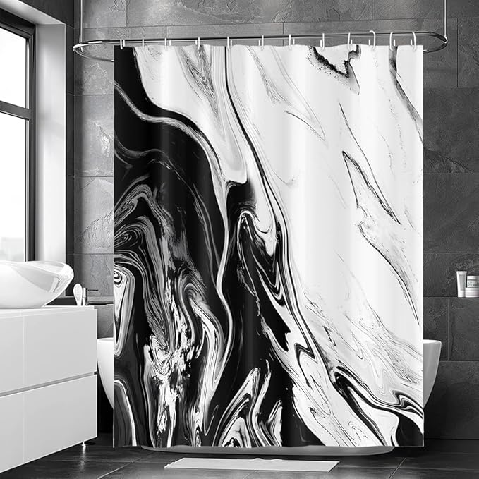 Black and White Shower Curtain, Modern Abstract Black Marble Shower Curtain for Bathroom Aesthetic Ink Texture Waterproof Shower Curtain Set with Hooks, 72x72 Inch