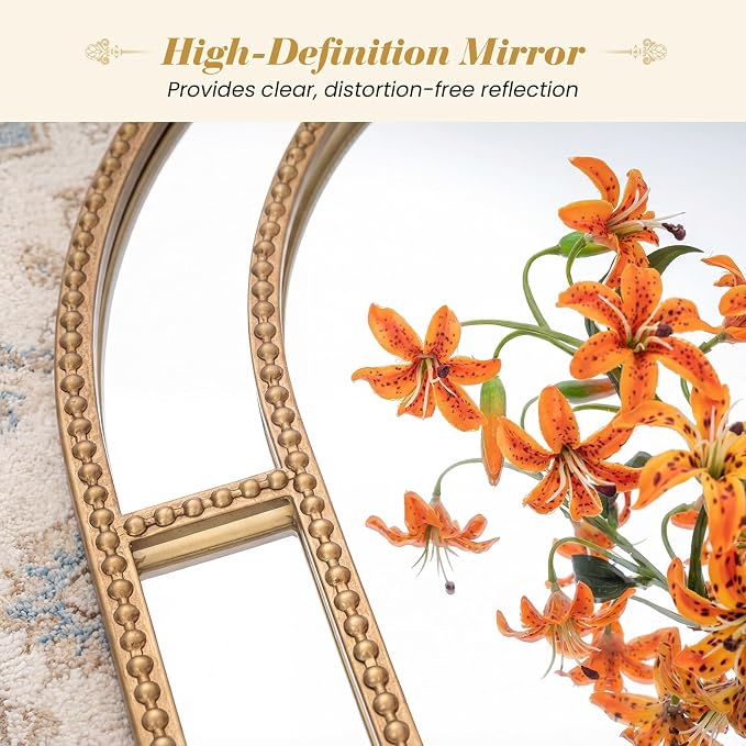 Tangkula 35" x 23" Gold Arched Wall Mirror, Decorative Mirror with Beaded Frame for Living Room, Entryway, Fireplace, Bedroom, Modern Vintage Wall Decoration (Arched)