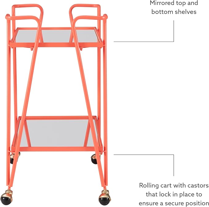 Gina Coral Mid-Century Bar Cart with Mirrored Shelves and Locking Wheels by Linon