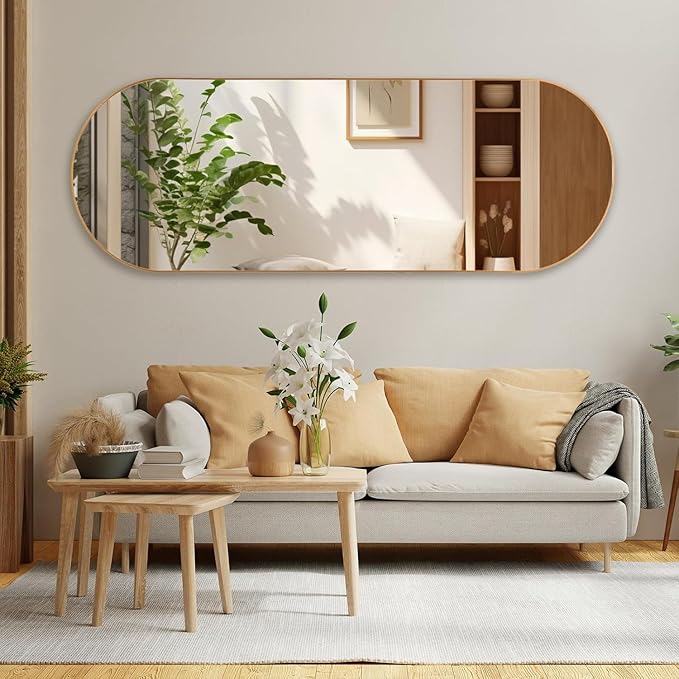 Arched Full Length Floor Mirror, Oval Full Floor Mirror, Large Wall Mounted Arched-Top Body for Living Room, Bedroom, Bathroom, Entryway, Dressing Room (Gold, 65 * 22)