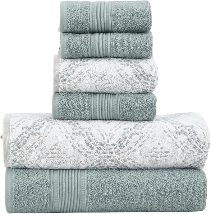 Modern Threads Capri 6-Piece Reversible Yarn Dyed Jacquard Towel Set - Bath Towels, Hand Towels, & Washcloths - Super Absorbent & Quick Dry - 100% Combed Cotton, Ivy