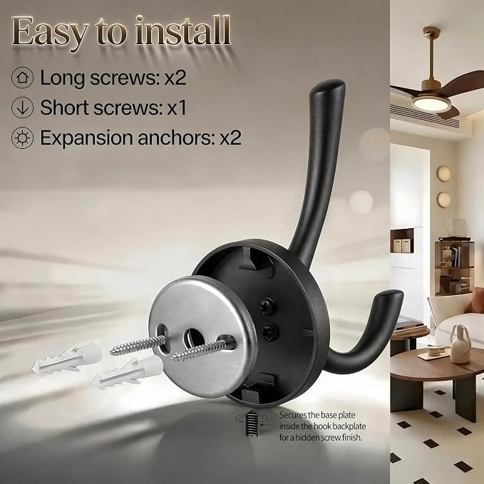 Towel Hooks-Coat Robe Hooks-Heavy Duty Metal Double Bathrobe Hook-Black Towel Hooks for Bathrooms-Kitchen Closet Garage（2Pcs Black）