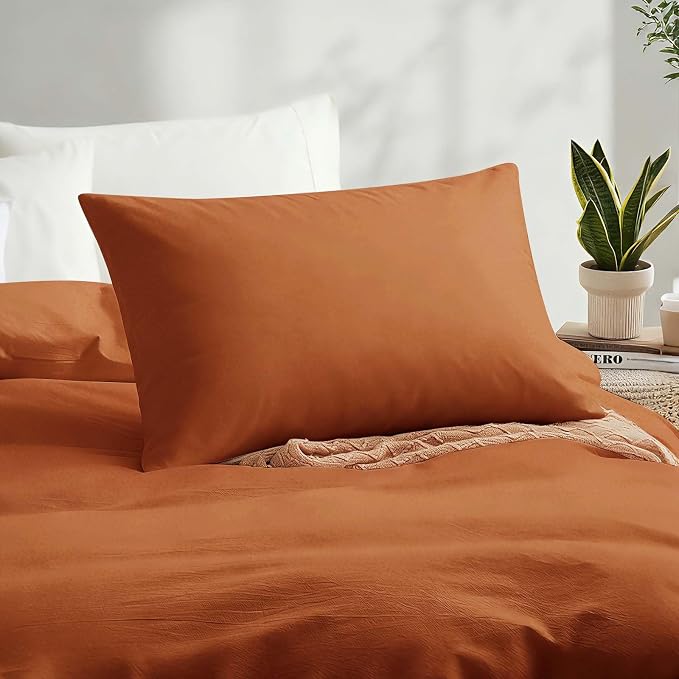 LOVQUE Burnt Orange Cotton Duvet Cover Twin Size, Linen Like Natural Bedding Set with Zipper Closure (No Comforter), 68x90 Inches