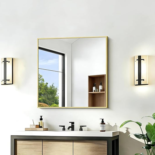 KOCUUY Gold Bathroom Mirror, 24"x24" Rectangle Bathroom Mirror for Wall, HD Tempered Glass, Anti-Rust Frame, Modern Design for Bathroom, Bedroom, Living Room, Entryway