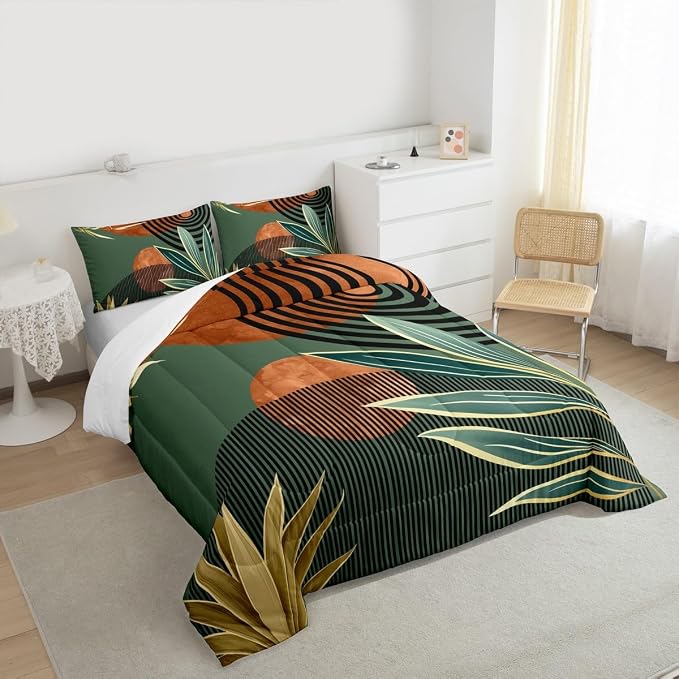 Erosebridal Mid Century Bedding Set King Size Vintage Bohemian Comforter Set,Modern Minimalist Bedding Comforter Sets Abstract Geometric Stripes Art Quilt,Green Orange