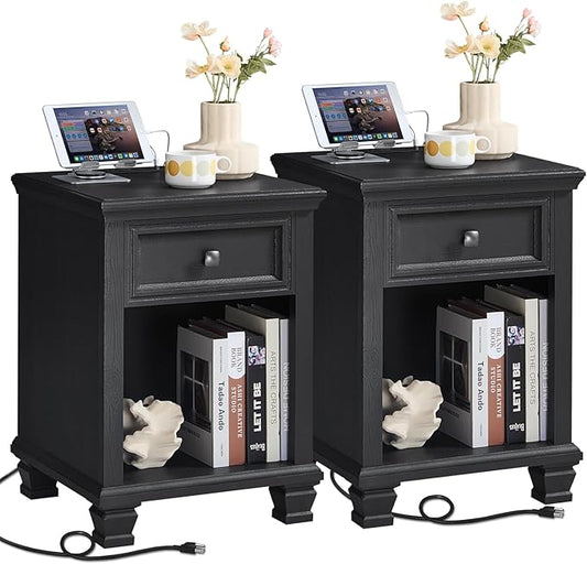 Farmhouse End Tables Living Room Set of 2, Rustic Wood Nightstand with 1 Drawer, Bedside Table with Open Shelf for Bed Room, Side Table for Living Room, Black