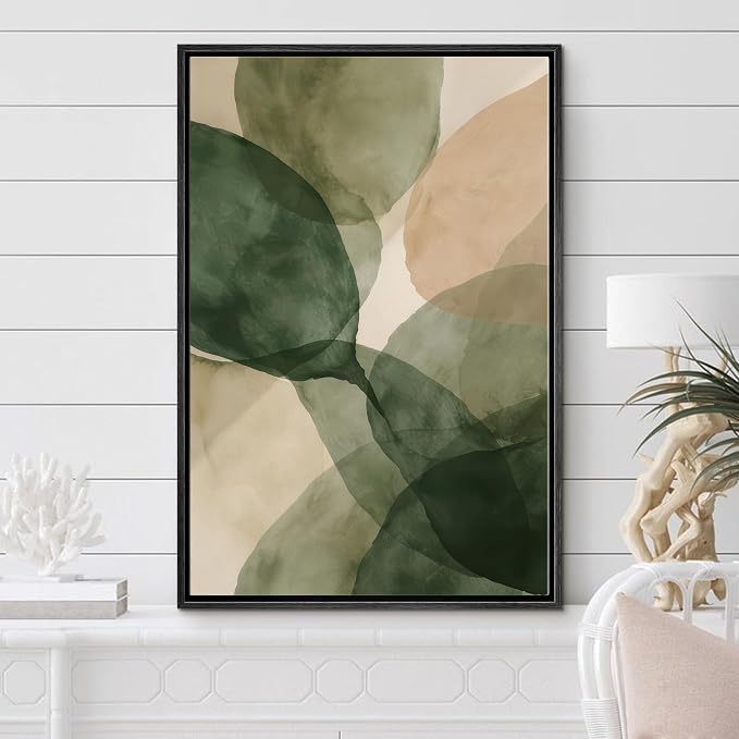 Woodrose Framed Canvas Print Wall Art Abstract Organic Shapes Soft Green and Beige Watercolor Illustrations Modern Art Minimalist 3D Colorful Ultra for Living Room, Bedroom, Office - 16"x24" BLACK