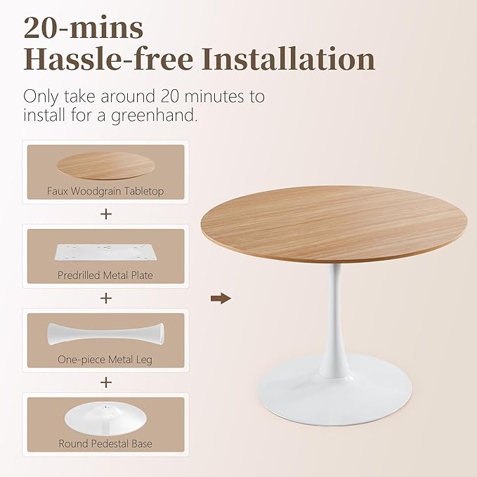 42 Inch Round Dining Table,Mid-Century Tulip Table with Metal Pedestal Base,Modern Leisure Table for Small Space Kitchen Dining Room,Easy Assembly,White and Oak