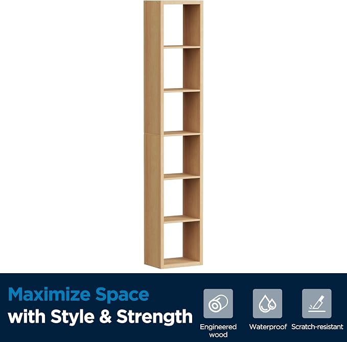 6 Cube Storage Organizer Single Row, Cube Shelf with Heavy-Duty Thick Boards, 13.31"L x 9.37"W x 72.36"H, Smooth Easy-Clean Panels, Simple Assembly, for Living Room Bedroom Children Room, Natural Oak