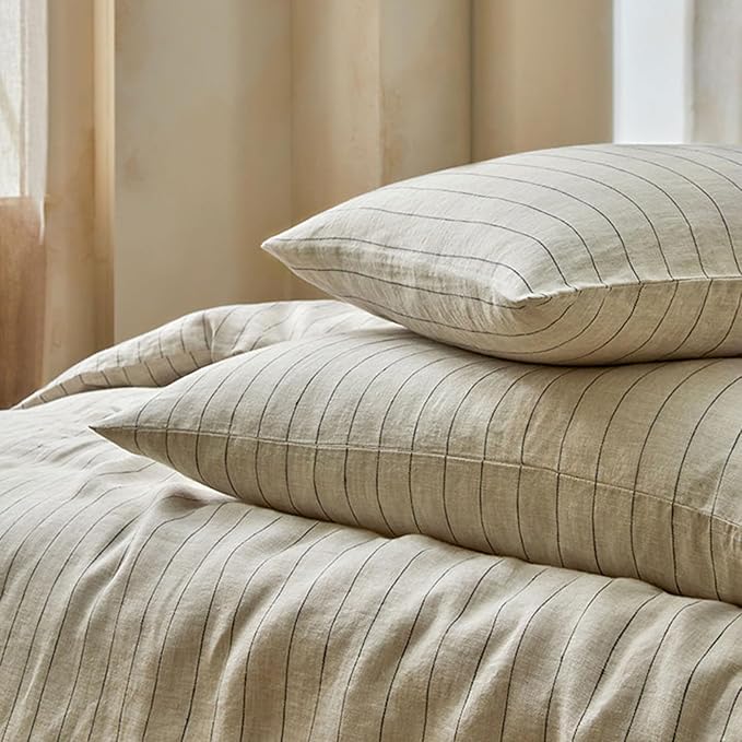 mixinni 3 Piece Striped Duvet Cover Set, Neutral Washed Cotton Linen Blend Bedding, Vintage Stripe Comforter Cover with 2 Pillowcases, Soft Breathable Farmhouse Bed Set for All Season-Queen Size