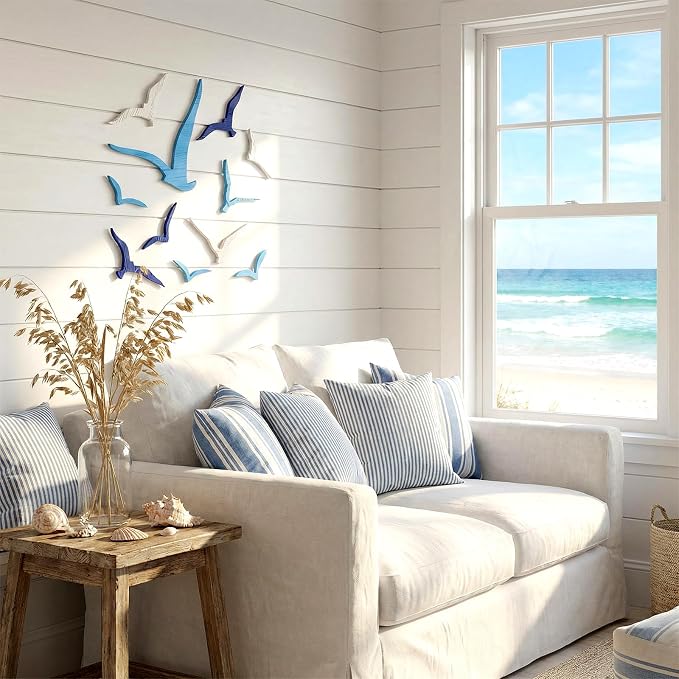 Azefnuhk 11 Pcs Wooden Seagull Wall Decor, Adhesive Sea Bird Sculpture, Coastal Nautical Beach Wall Art, Vintage Ornaments for Home, Bathroom, Living Room, Office (Brown, Blue, White)