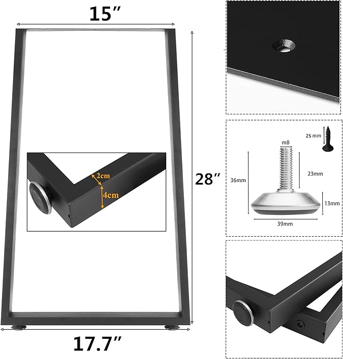 Metal Table Legs Desk Legs, Heavy Duty Square Tube Iron Desk Legs, DIY Furniture Legs for Dining Table, Coffee Table, Computer Desk, Workbench, Meeting Room Table, 28”H x 17.7”W (28", U 4x2cm)
