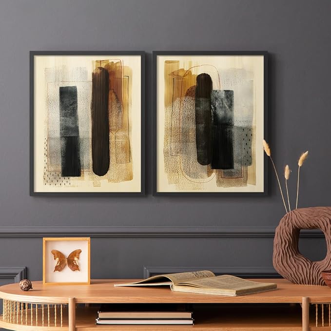 Renditions Gallery Set of 2 Peel & Stick Framed Prints, Pattern Abstract Wall Art, Burnt Toast Pattern Wall Decor, Re-Stickable - Ready to Hang - 22"x28" - Black Frame LT588