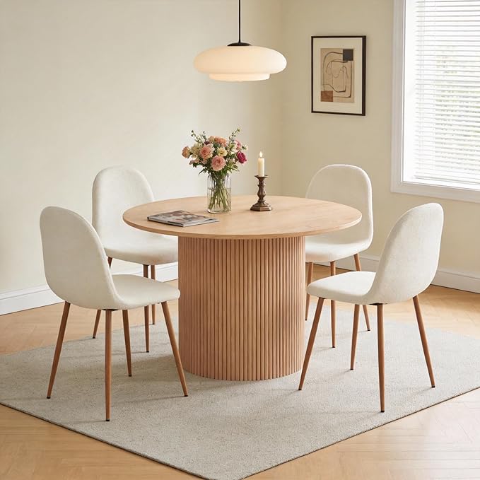 Dining Table Set for 4, Mid Century Modern 47 Inch Wooden Round Dining Table Set, Space Saving (Table + 4 White Chairs)