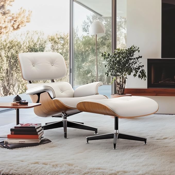 Top White PU Leather, Mid Century Chaise Lounge Chair and Ottoman, Modern Chair Classic Design, Walnut Wood, Heavy Duty Base Support for Living Room Office