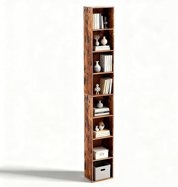 8-Cube Storage Organizer Bookcase, White, Tall Narrow Bookshelf for Home Office (Retro Brown)