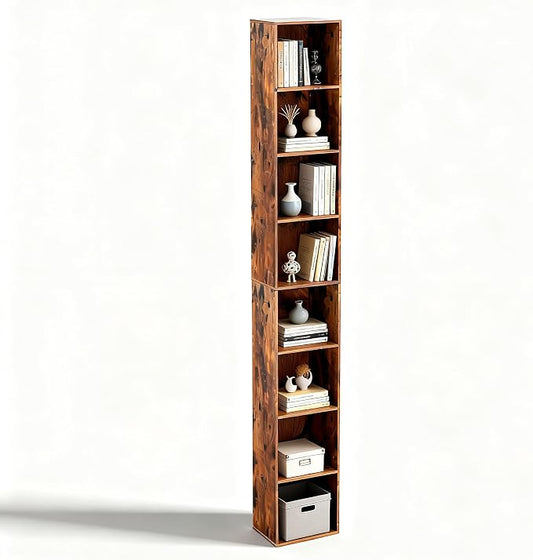 8-Cube Storage Organizer Bookcase, White, Tall Narrow Bookshelf for Home Office (Retro Brown)
