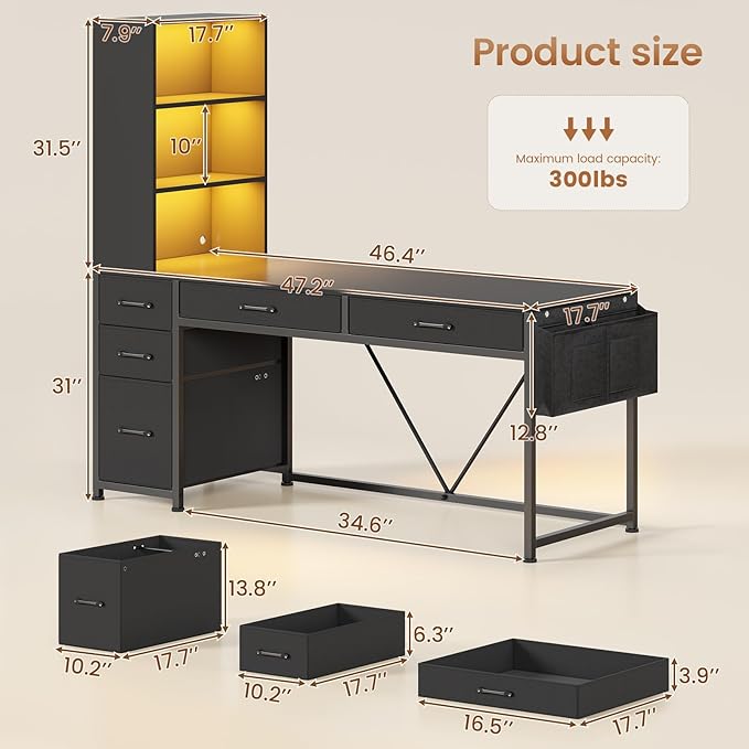 SEDETA Computer Gaming Desk with 5 Drawers and Bookshelf, Reversible Home Office Desk with Storage Shelves and File Drawer, Corner Desk with LED Lights for Small Spaces, Black