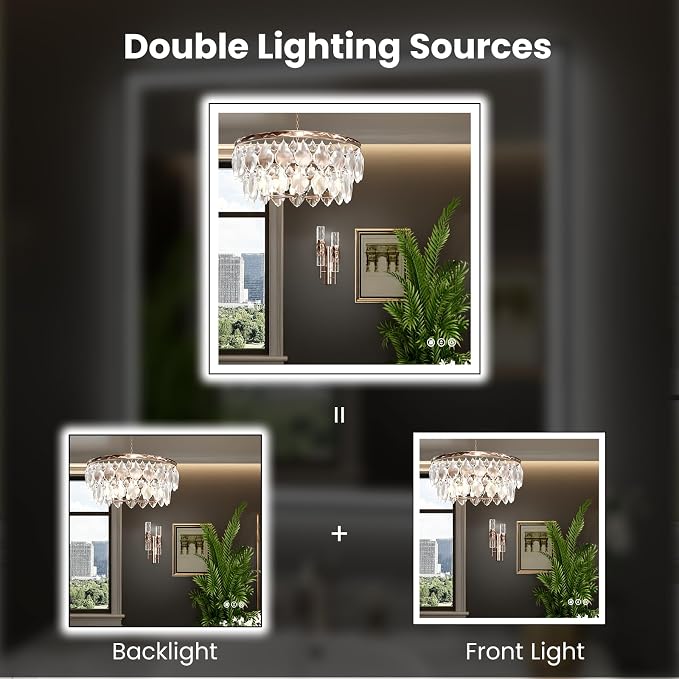 WTTY 36"X36" LED Bathroom Mirror with Black Frame, Bathroom Vanity Mirror with Lights for Wall, Front Light and Backlit, Anti-Fog, Dimmable, 3 Colors, Shatterproof, Memory, Horizontal/Vertical