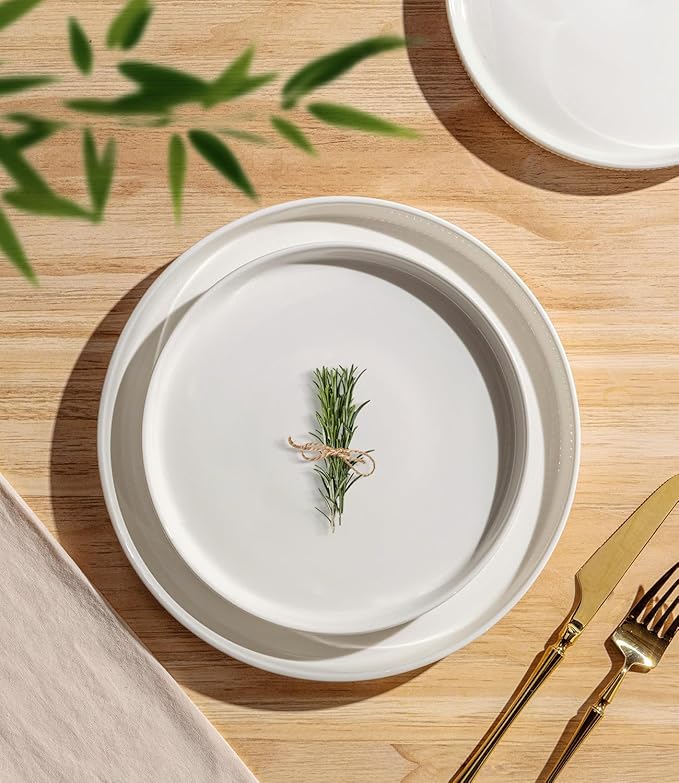 TheTerra Ceramic Dinnerware Sets with Pasta Bowls for 4, 16 Pieces Porcelain Lightweight Plates and Bowls Sets, Scratch Resistant Dish Set, Oven & Microwave & Dishwasher Safe, Bright White