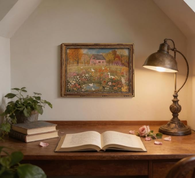 Vintage Gold Framed Autumn Country Cottage with Ducks Wall Art, Rustic Farmhouse Flower Garden Canvas Prints, Retro Fall Farm Scene Painting Poster Artwork for Living Room Kitchen Wall Decor,16X24in