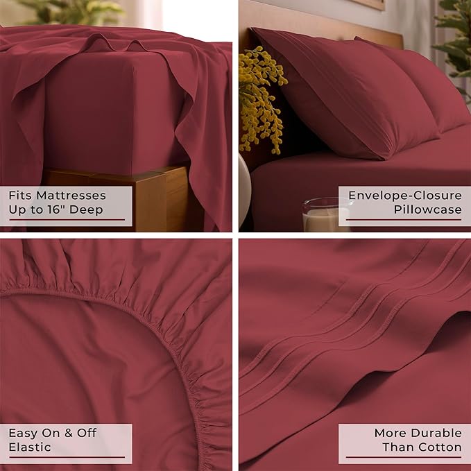 Mellanni Twin Sheets Set - 3 PC Iconic Collection Bedding - Hotel Luxury, Extra Soft, Cooling Bed Sheets - Wrinkle, Fade, Stain Resistant (Twin, Brick Red)