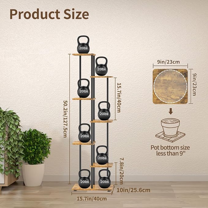 LASZOLA Black 6 Tiered Wood Plant Stand Indoor for Larger Heavy Duty Planter, Sturdy Multi Level Vertical Flowers Racks for Narrow Inside Floor, Decorate Shelving for Hold House Tree, Space Saving